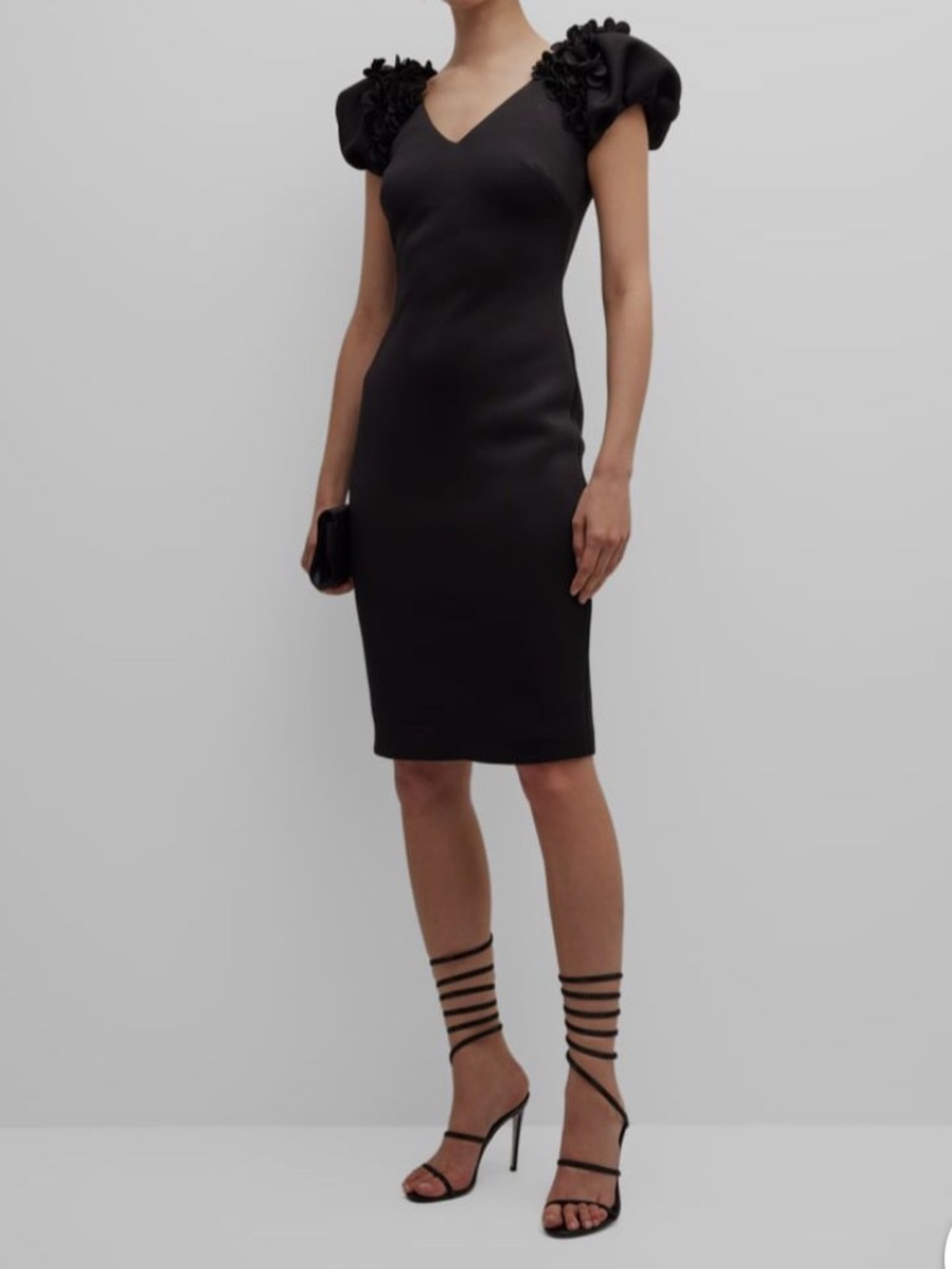Badgley Mischka Black Puff Sleeve V-Neck Midi Dress